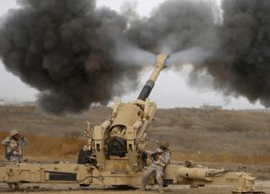 A Saudi artillery unit fires shells towards Houthi positions from the Saudi border with Yemen April 13, 2015. REUTERS/Faisal Al Nasser